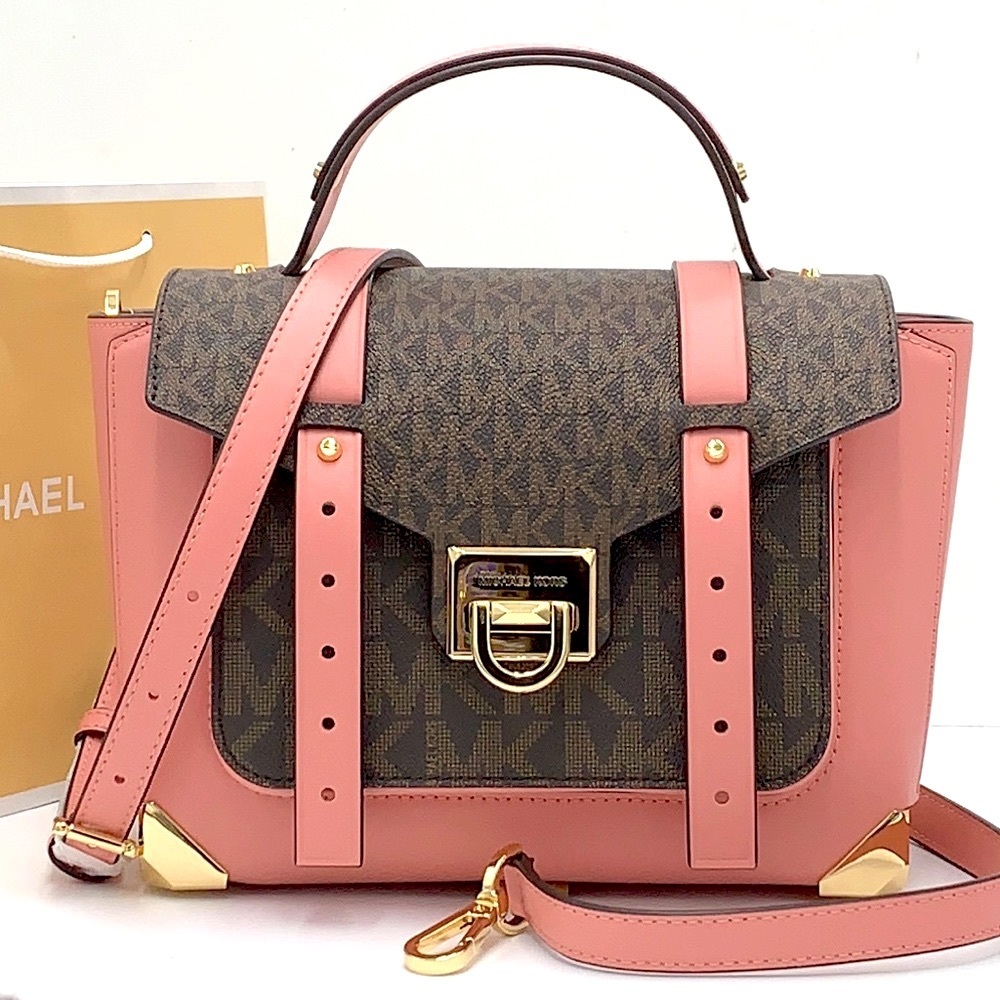MICHAEL KORS
Manhattan Medium Leather and Logo Satchel PRIMROSE BROWN SIGNATURE